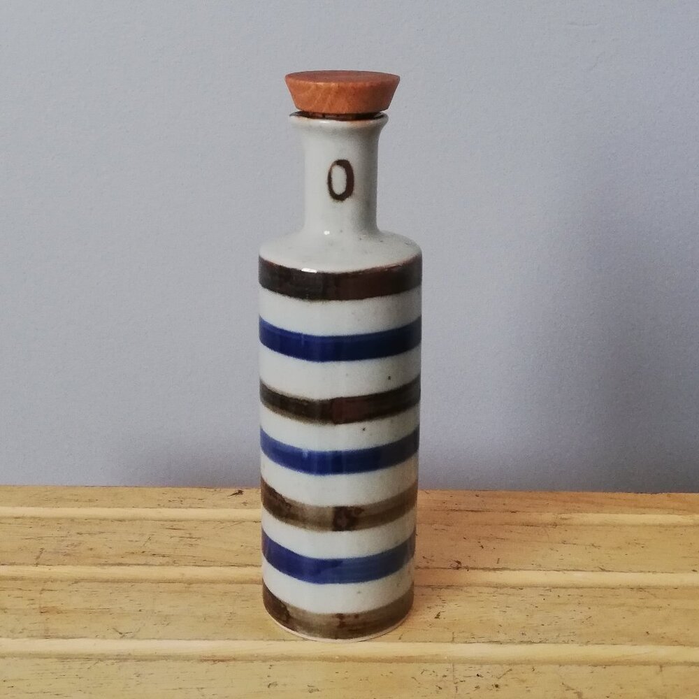 Vintage Japan Striped Oil Asahi Stoneware Pottery Bottle with Cork
